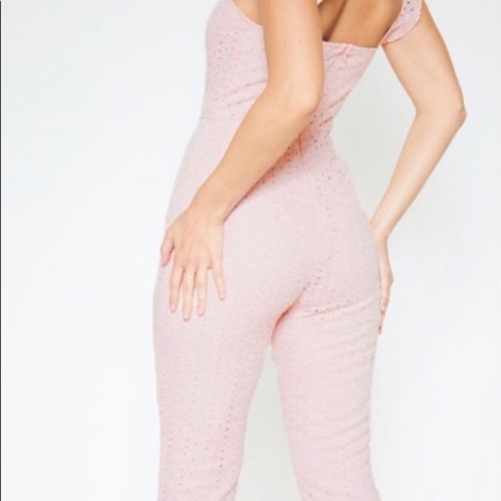dusty pink eyelet sleeveless flare legged jumpsuit